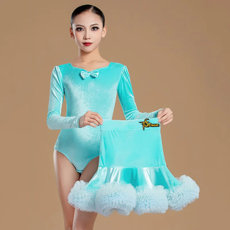

Velvet Long Sleeve Latin Dance Costumes Kids Girls Training Performance Dancewear Jumpsuit and Lace Ruffles Big Swing Skirts