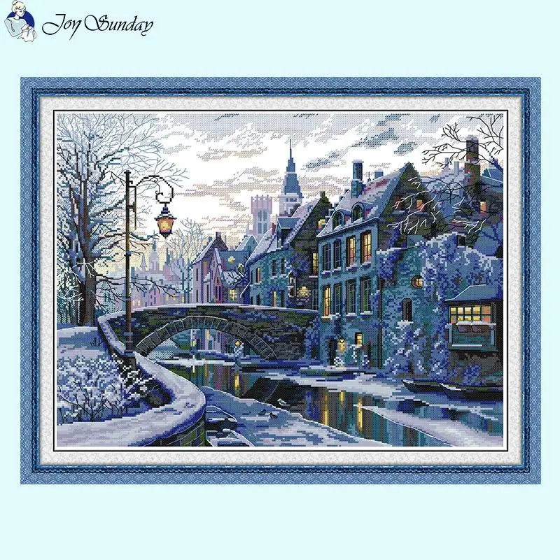 Kit de ponto cruz com padrões de paisagem noturna de inverno, faça você mesmo, feito à mão, aida 14 16 11ct, tecido impresso hd, linha dmc, bordado, decoração de casa