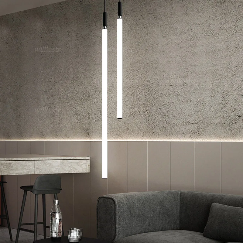 Minimalist LED Tube Pendant Lamp Aluminum Acrylic Suspension Light Hotel Lounge Dining Table Bedside Hanging Ceiling Chandelier
