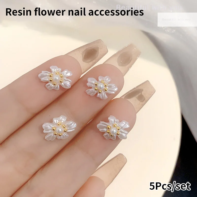 

5pcs 3D Carving Flower Butterfly Nail Art Charm Resin White Pearl Flower Nail Ornament Diy Exquisite Nail Accessories