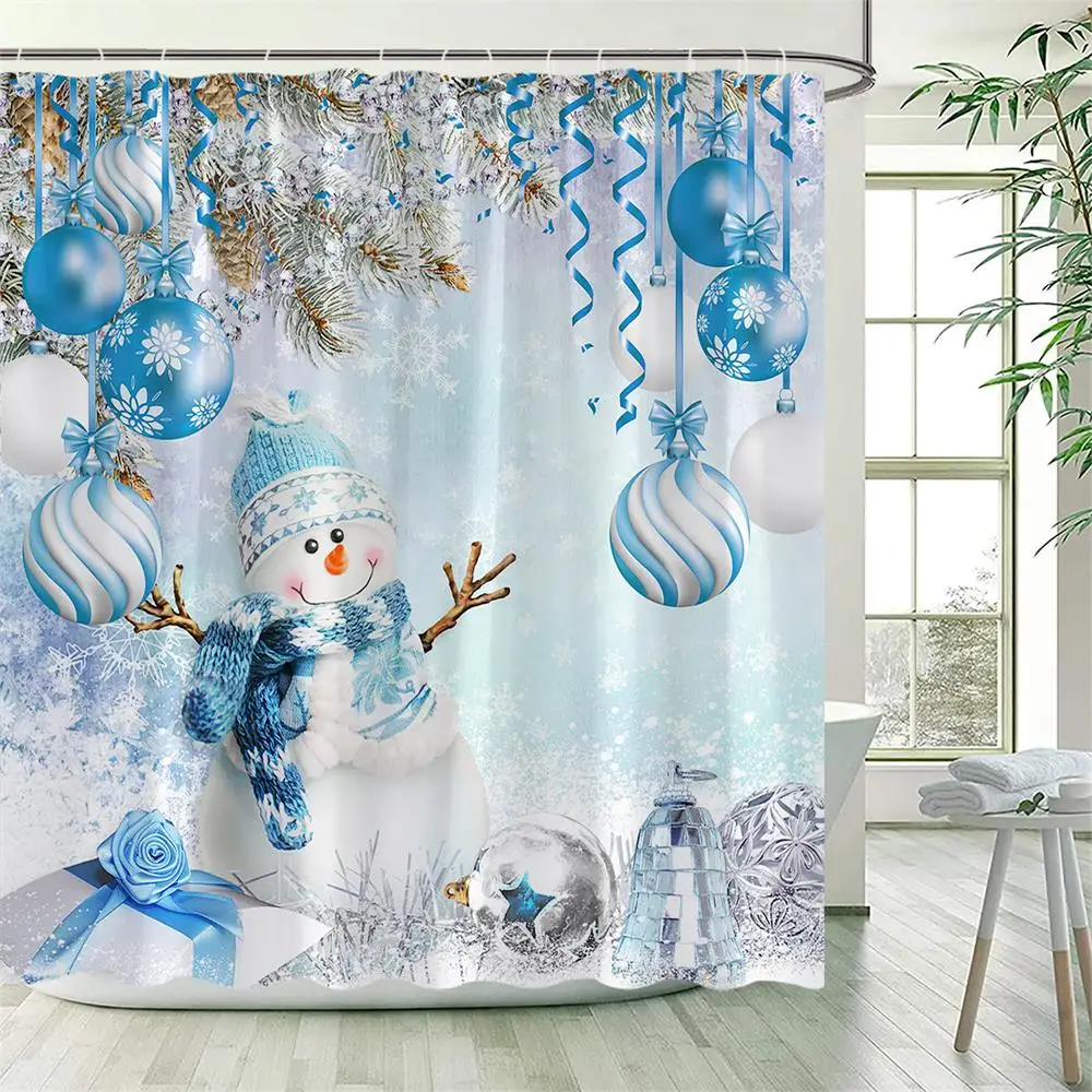 Christmas Gingerbread Man Snow Shower Curtains Set, Colorful Xmas Balls Polyester Fabric Winter Xmas Tree Bathroom Curtain Decor