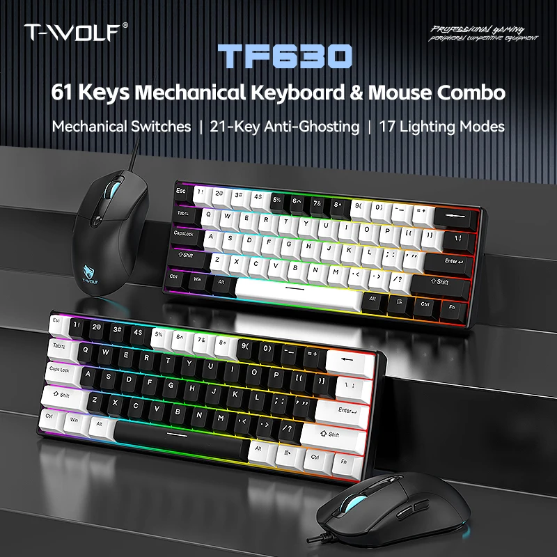 T-WOLF TF630 Mechanical Gaming Keyboard and Mouse Combo 61 Keys Red Switch RGB Backlit 7200 DPI USB Wired Ergonomic PC Gamer
