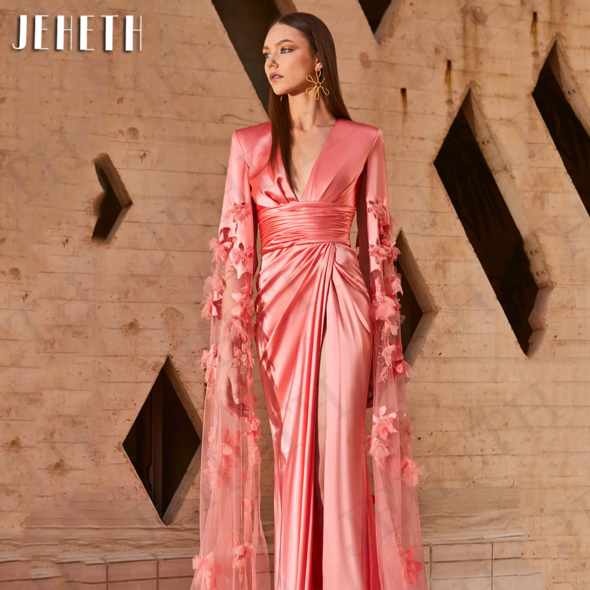 JEHETH Saudi Arabia Mermaid Evening Dress 3D Floral Cape Sleeve V Neck Formal Occasion Dresses Split Satin فساتين سهره فخمة 2024