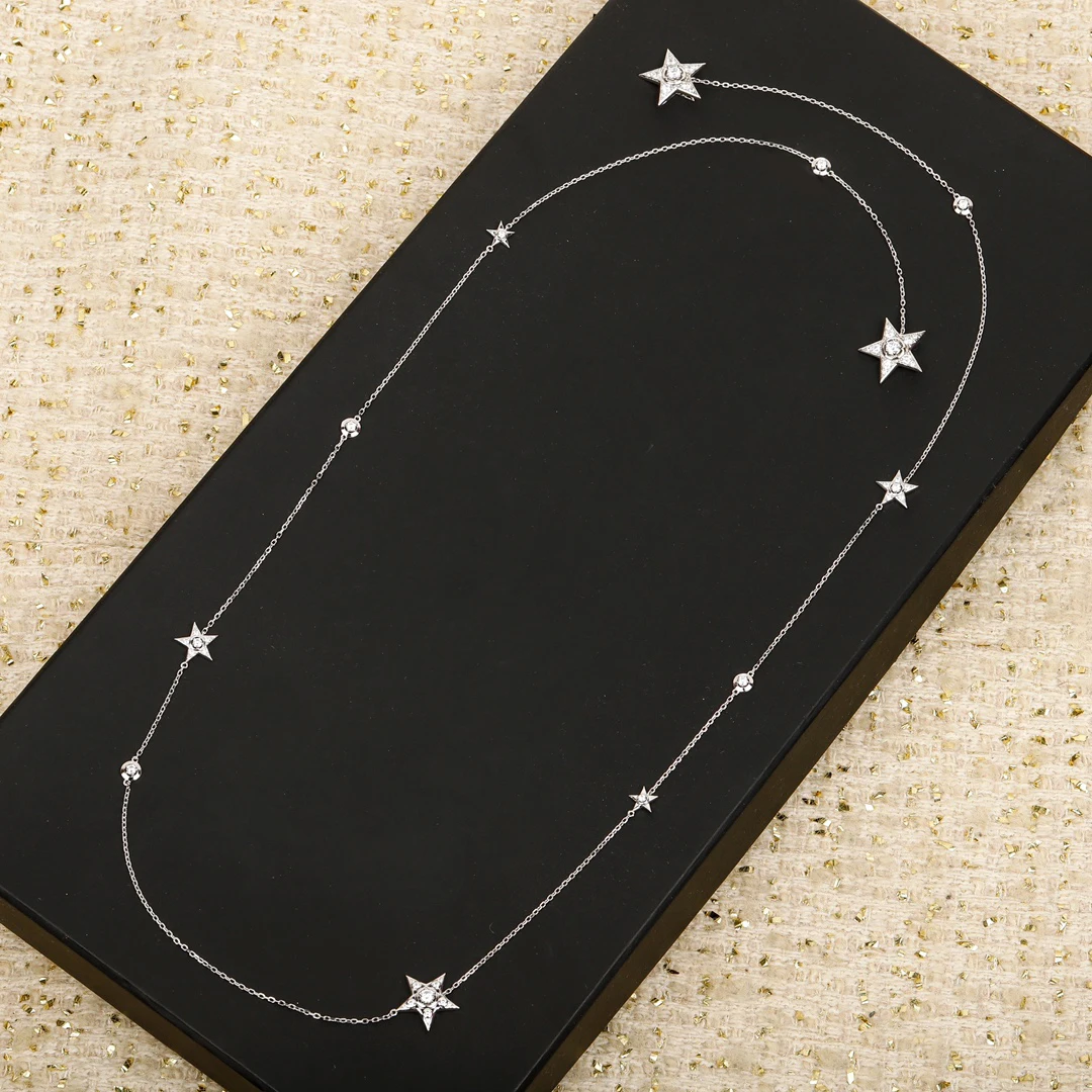 

Fashion Europe Top Quality 925 Silver Crystal Diamond Stars Sweater Chain Long Necklace Women Luxury Jewelry Wedding Gift Trend