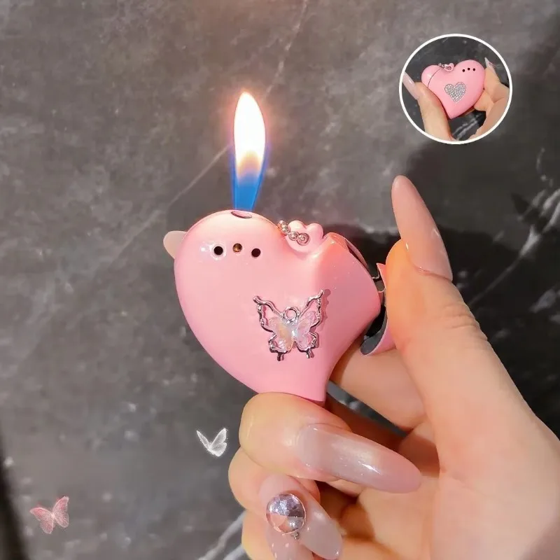 New Rhinestone Inlaid Heart-shaped Keychain Inflatable Lighter Cute Mini Outdoor Portable Good-looking Lighter Smoking Gift