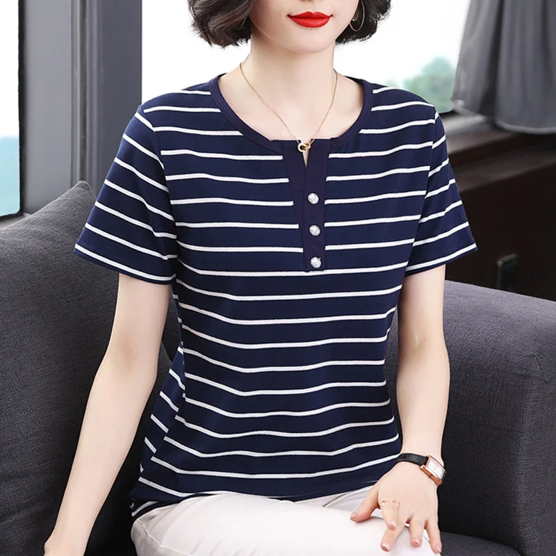 Summer stylish V-neck striped short-sleeved new design casual and simple versatile fashionable lightweight T-shirt