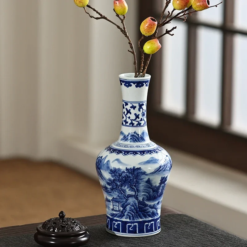 Jingdezhen-Hand-Painted Ceramic Vase, Blue and White Porcelain, Chinese Style, Flower Arrangement, Home Decor Gift