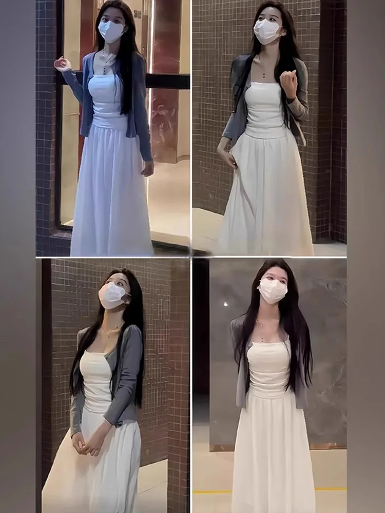 Ensemble t-shirt coréen Sle blanc Strapl Dr femmes été longue taille couchée Dr trajet couleur Pure taille haute