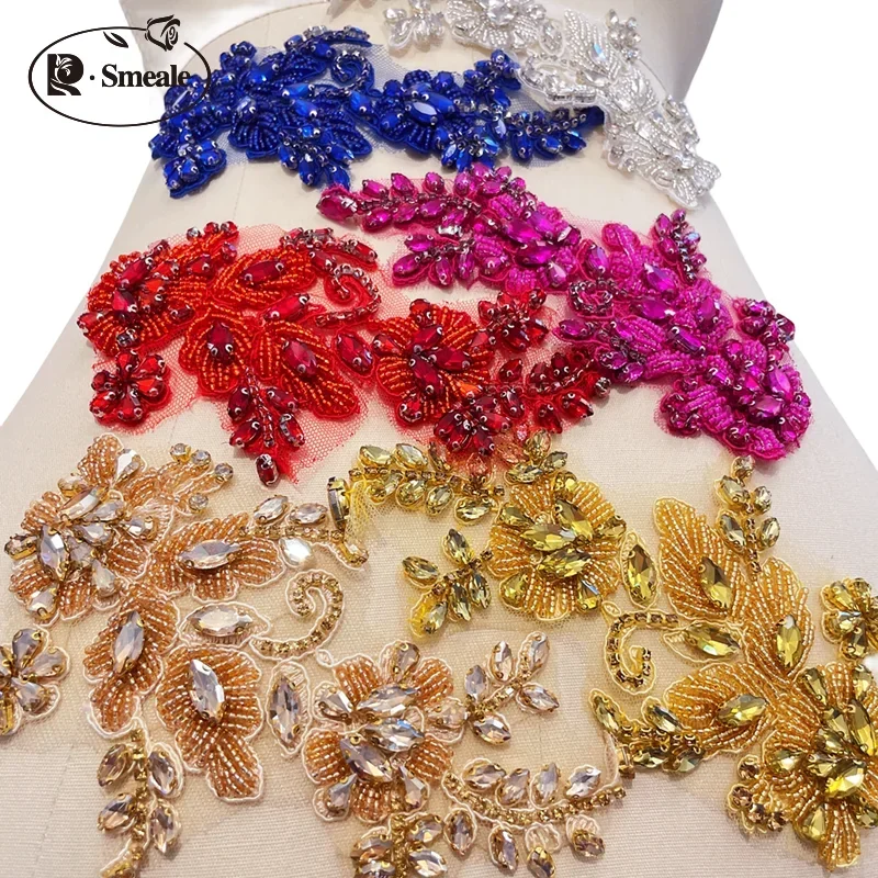 1Pair Handsewn Glass Drill Mirror Flowers Sparkling Rhinestone Flowers Coats Waistbands Shoulders Wedding Dress DIY Patch RS4208