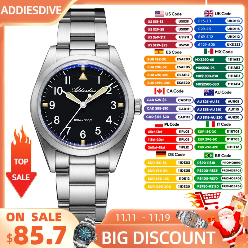 

ADDIESDIVE Men Watch New 36mm Luxury Titanium Quartz Wristwatch 100m Waterproof BGW9 Luminous Bubble Glass Leisure VH31 Watch