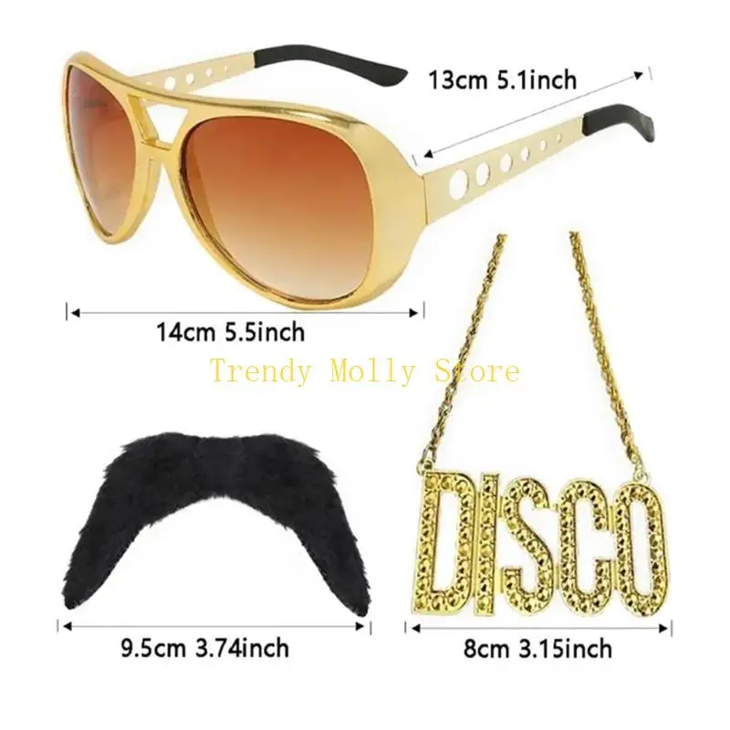 N5KB 3 PCS Mulheres Discos Coloque figurino Óculos Bigode 60s 70s Acessórios fantasia Hippie Glasses Men Hippie