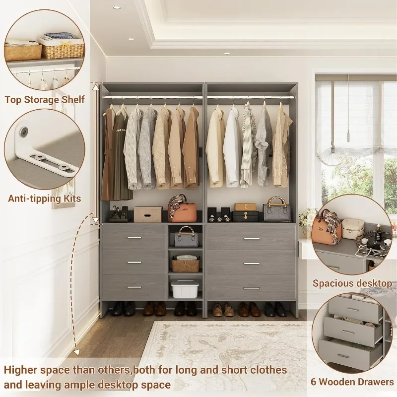 Aheaplus Closet System with 6 Drawers, 4.5ft Wood Closet Organizer System, Walk-in Closet or Small Closets Wardrobe Clothes Rack