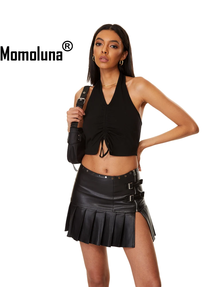 

Momoluna Women Philomena Black PU Faux Leather Pleated Slit Rivet Hem Buckle High Waist Mini Skirt