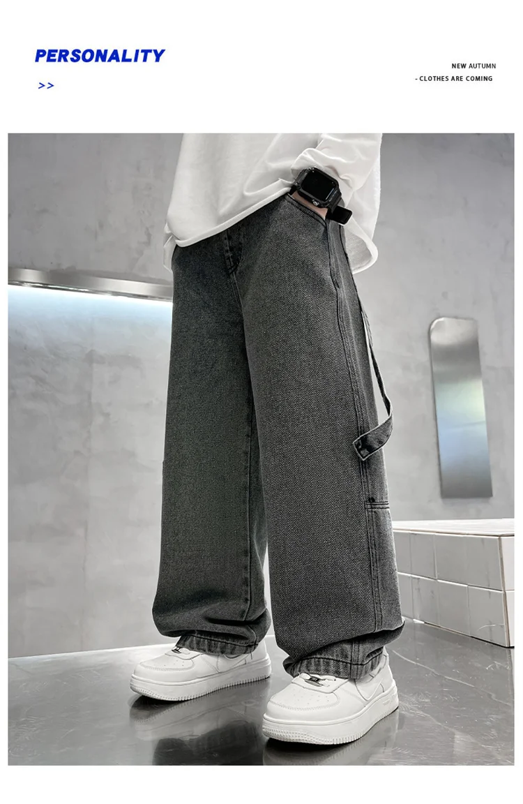 Graue Vintage-Jeans mit Tasche für Jungen, modische High-Street-Denim-Hose, lässige gerade Jeanshose für Teenager. – Detail 9