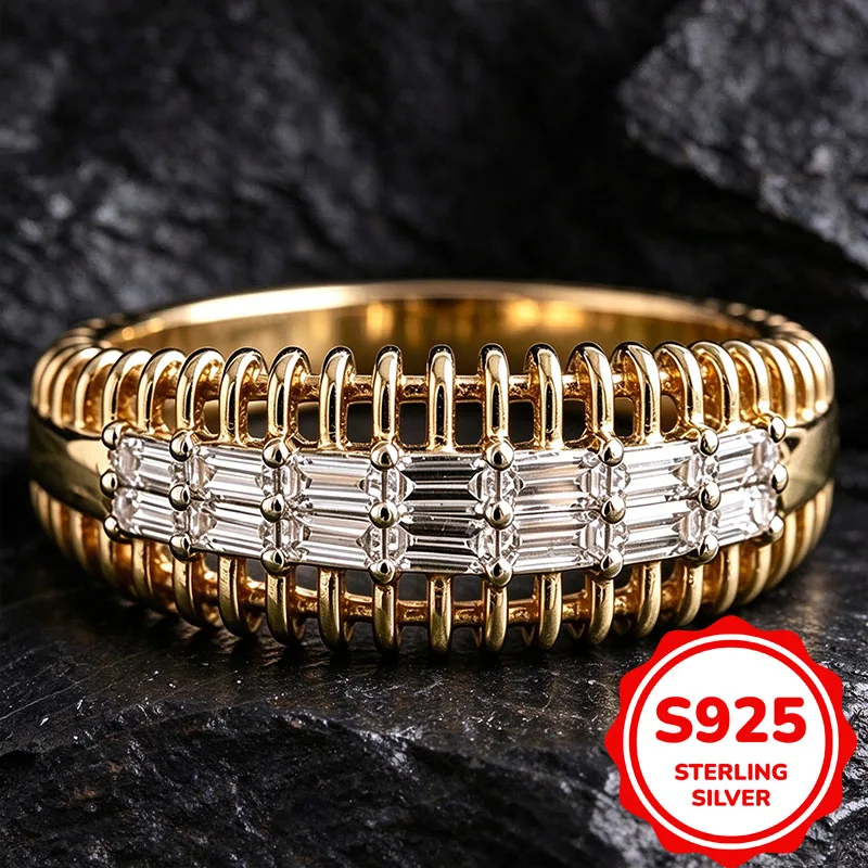 Anillo auténtico de plata de ley S925 con circonita cúbica en forma de baguette y baño de oro de 14 quilates, para mujer, diseño calado, ideal para combinar con otras joyas, para bodas y para llevar en el dedo.
