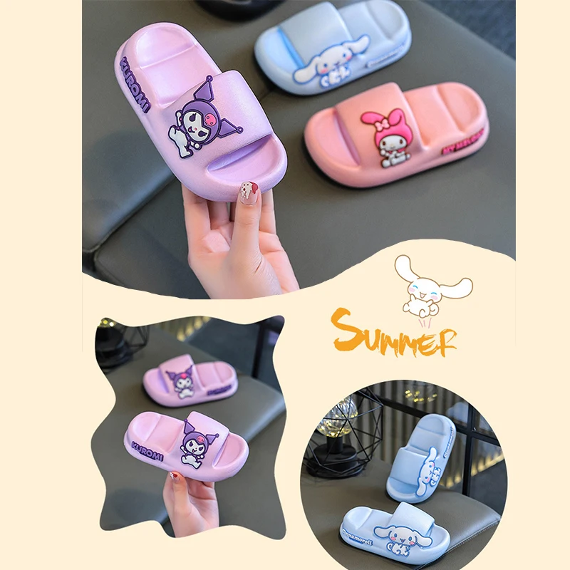 

Детские летние тапочки Sanrio, милая мультяшная пляжная обувь Kuromi для мальчиков и девочек, с мягкой нескользящей подошвой, для улицы и в помещении