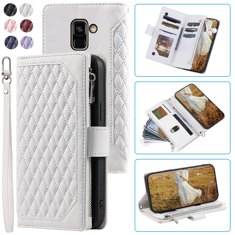 Fashion Zipper Wallet Case For Samsung A8 2018 Flip Cover Multi Card Slots Cover Phone Case Card Slot Folio with Wrist Strap