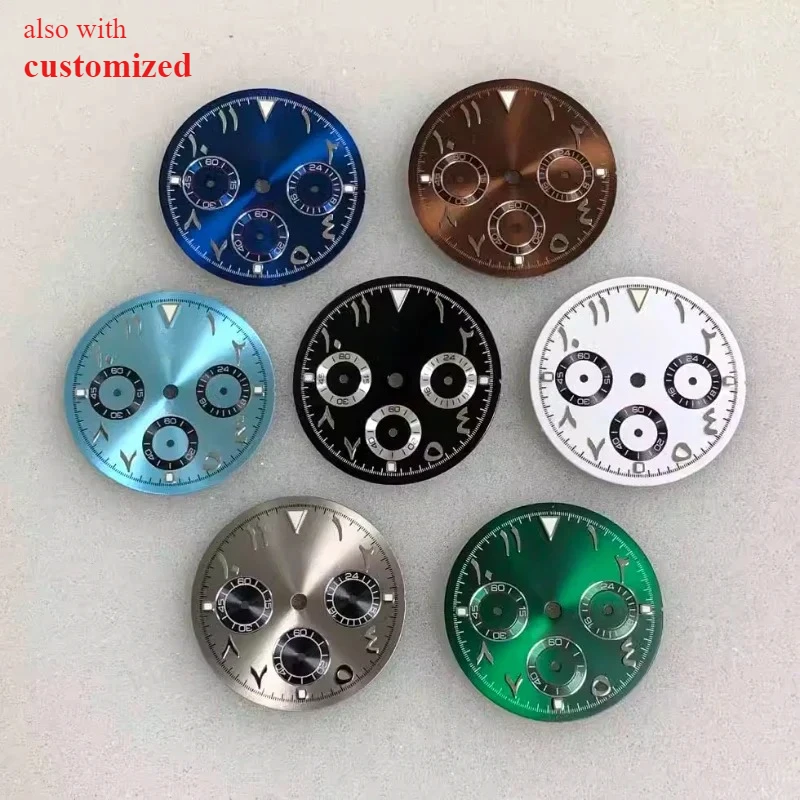VK63 다이얼 29.5mm S 다이얼 아라비아 숫자 다이얼 녹색 야광 VK63 쿼츠 무브먼트 크로노그래프 시계 개조 시계 맞춤 제작