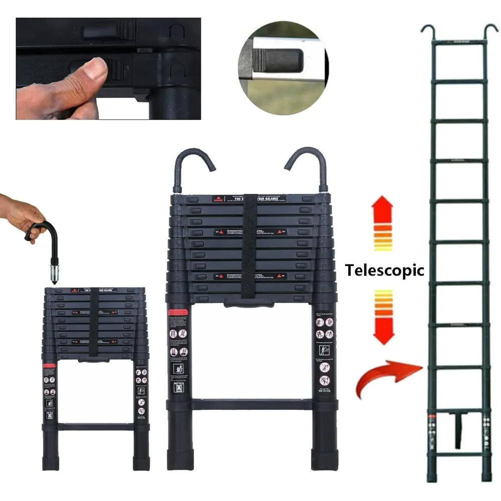 Scala telescopica in alluminio - 10 piedi, 2 ganci per tetto, leggera, multiuso, capacità di 330 libbre, certificata EN131