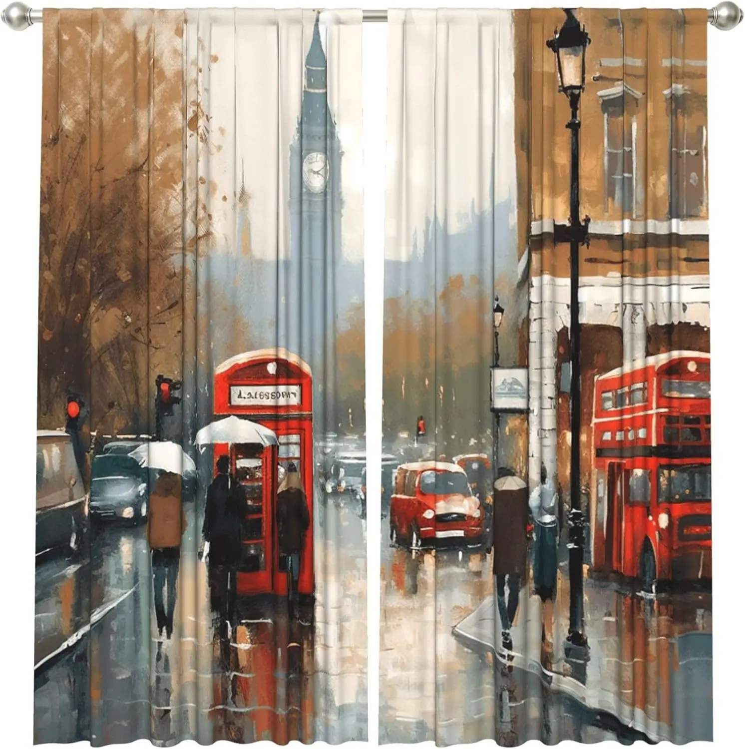 Vintage London Street Art Curtain Polyester Window Drapes British Big Ben Double Decker Bus Painting Home Decor Curtain