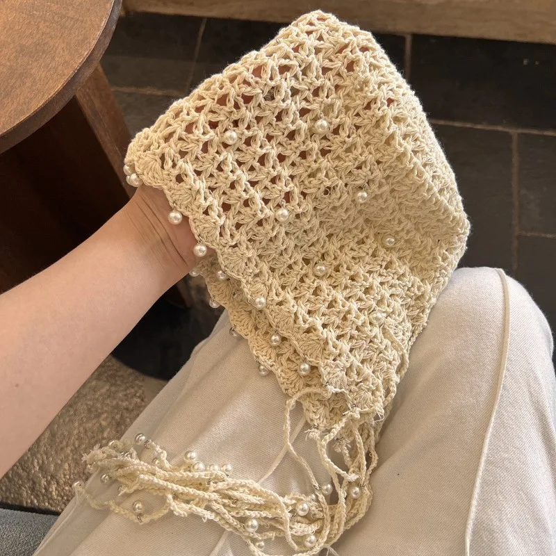 الخريف والشتاء اللؤلؤ قلادة شرابة جوفاء خارج قبعات منسوجة خمر السفر الزي بيني الأغطية للنساء #4