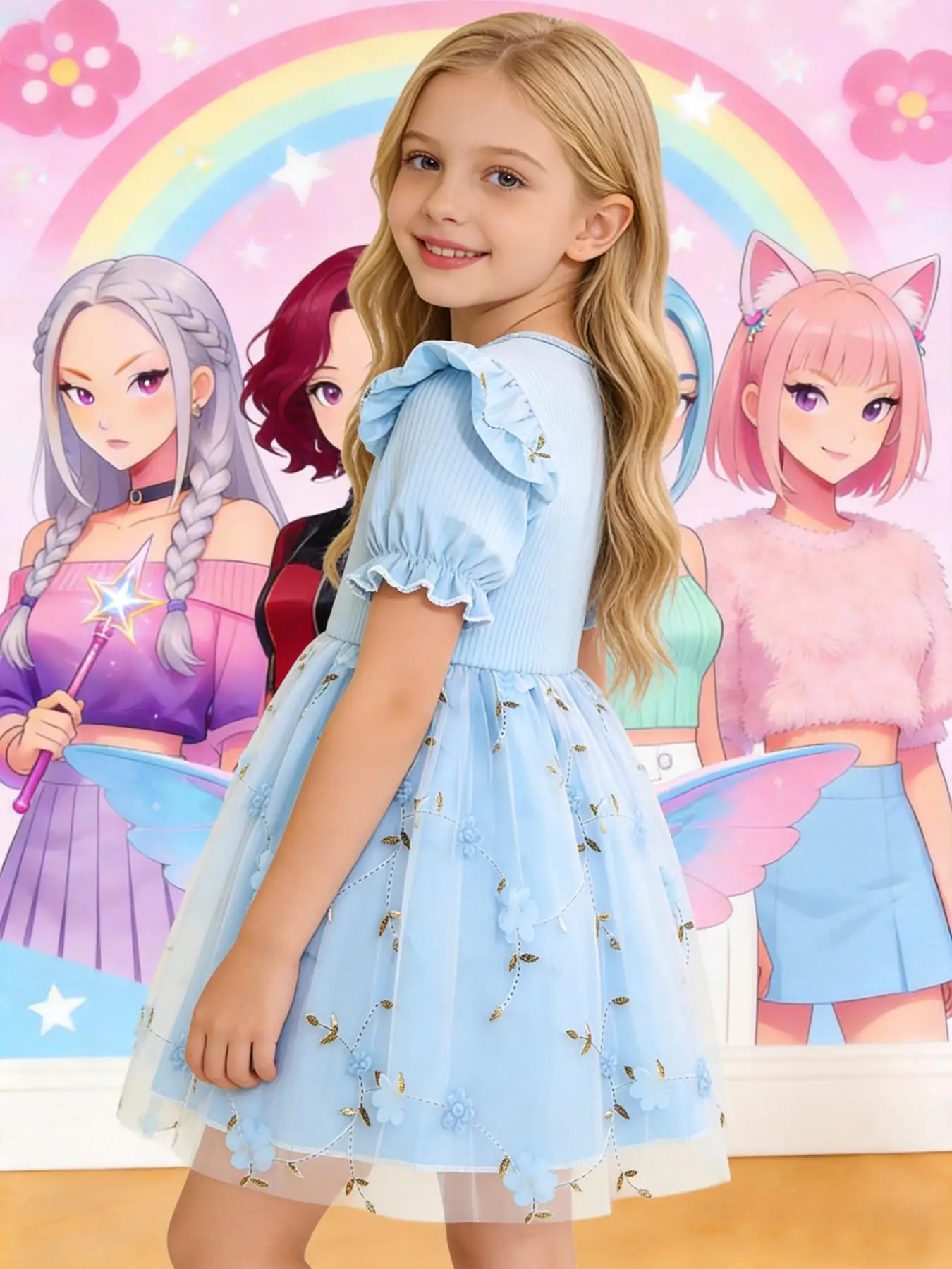 Girls Light Blue Tulle Dress, Magic Anime Girl Print Ribbed Ruffle Short Sleeve 3D Flower Tutu Dress