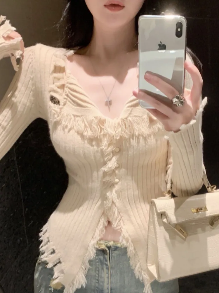 

Ele V-Ne трикотаж с кисточками, женский облегающий базовый слой, осенний дизайн, вязаный открытый кардиган