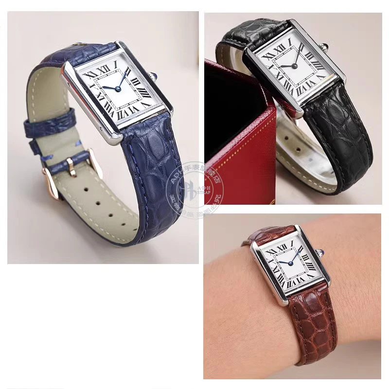 Alligator watch strap for Tank de Cartier W5200005 WSTA0030 17mm 18mm 19mm 20mm 21mm 22mm Black Brown Blue Crocodile Watchband