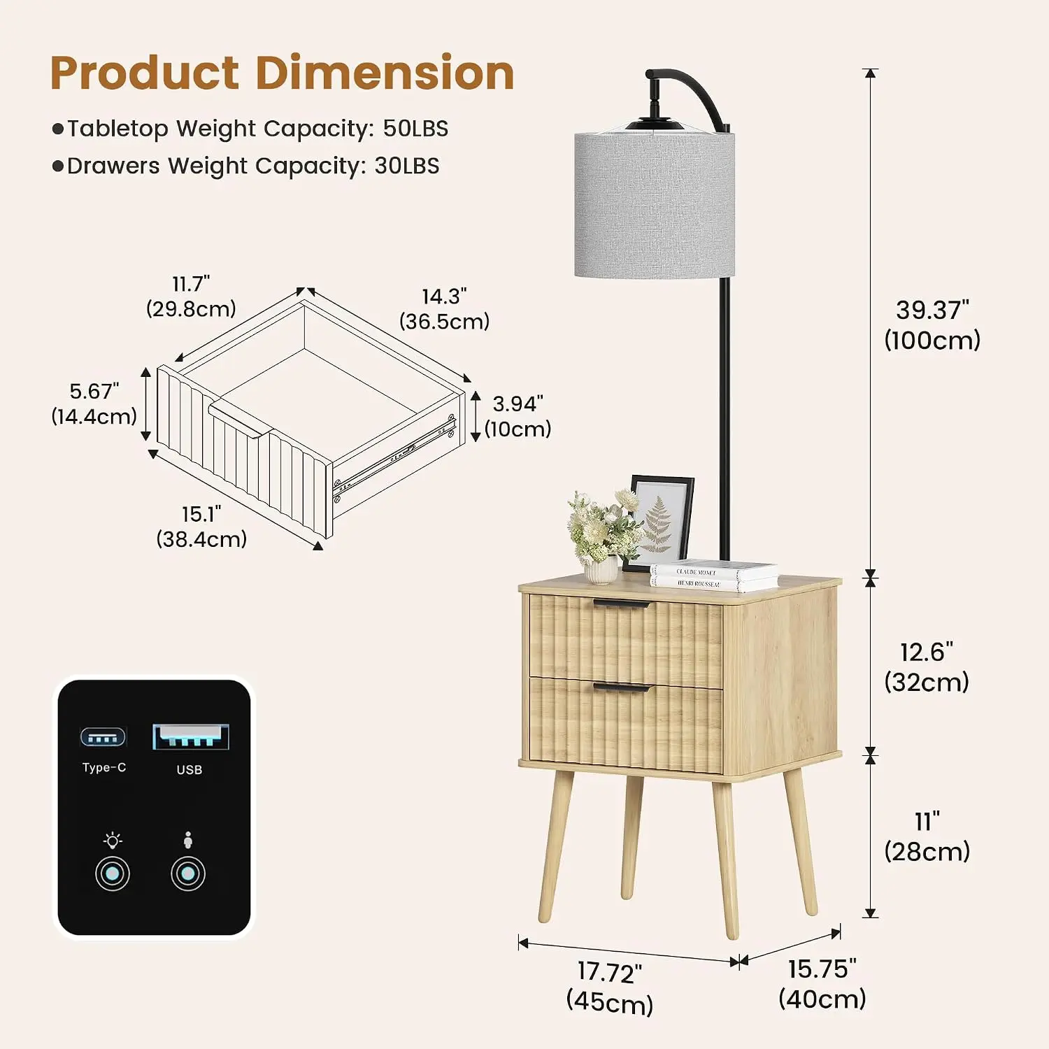 LED Nightstand with Tall Lamp Beige Linen Shade Bedroom Natural Wood 2 Drawer 3 Color Light USB Type-C Charging Port, Customized