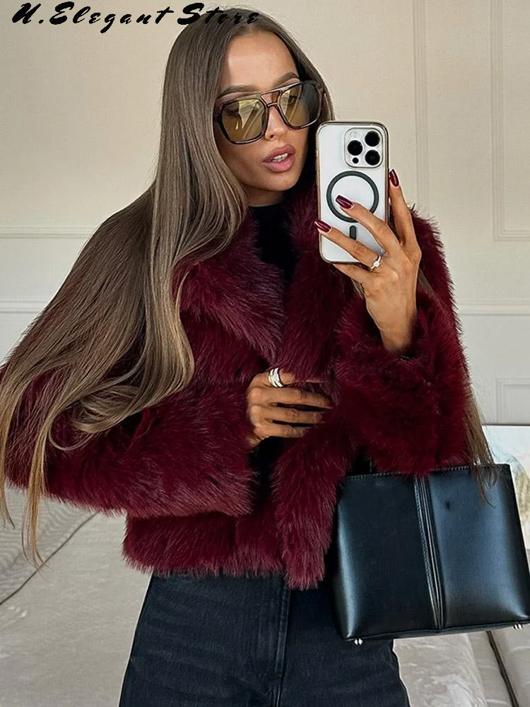 Burgund Rot Chic frauen Flauschigen Faux Pelz Kurze Jacke Frauen Elegante Revers Langarm Plüsch Mantel Weibliche Warme Gestellte Streetwear