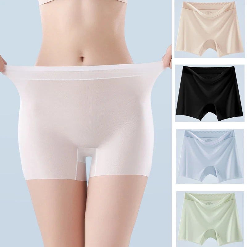 1pcs Summer Ice Silk Ultra-thin Quick-drying Boxer Brief Women Seamless High waist Panties Plus Size Female Safety Underwear