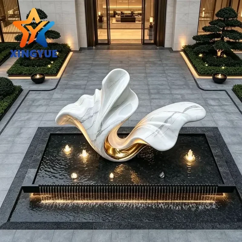 Abstract Wavy Flower Sculpture Modern Two Color Marble Gold Finish 304 Stainless Steel Art Decor for Hotel Square Custom