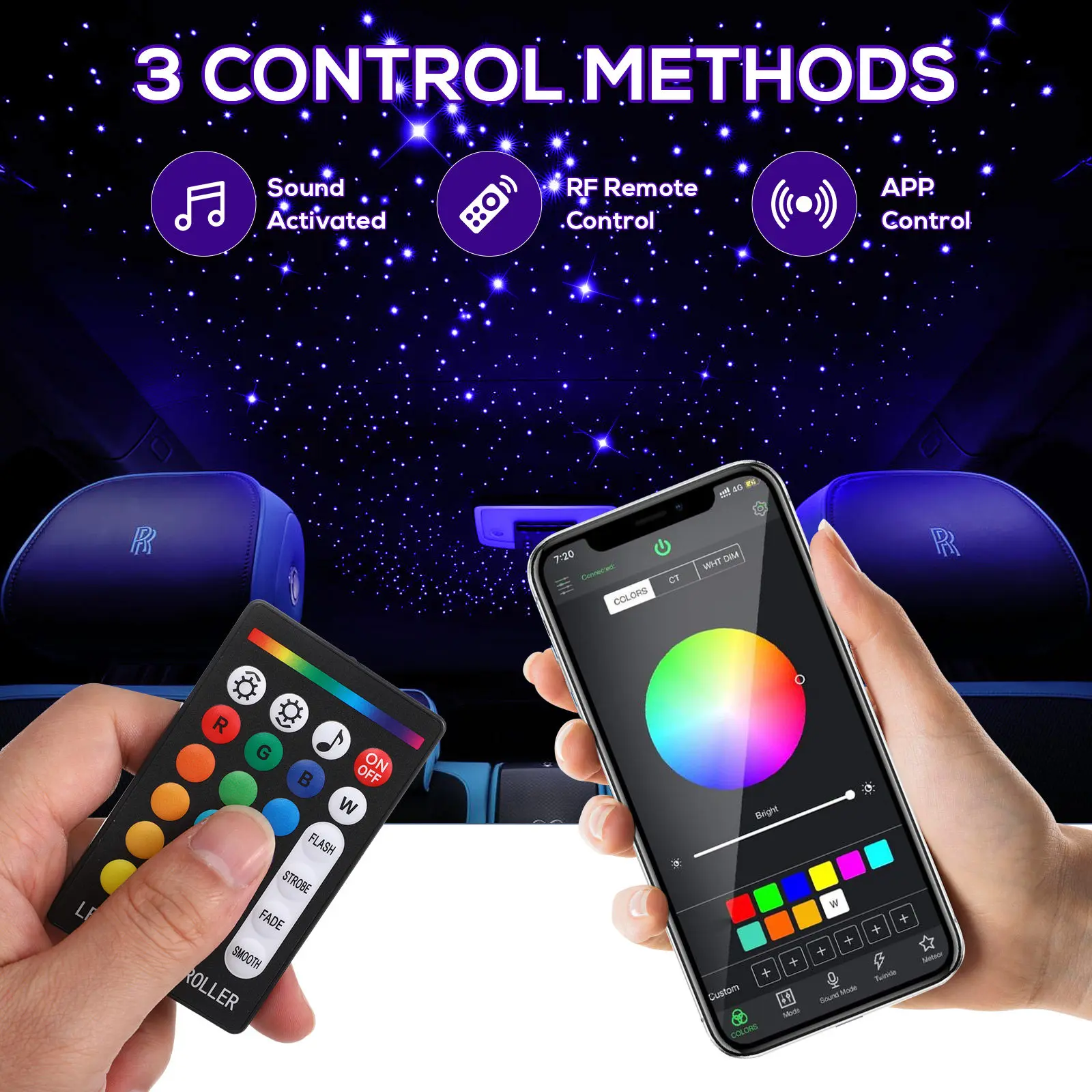 

1Set Car Starlight Headliner Kit Interior Ambient Lighting Kit with Multiple Colors Simple Installation 3 Control Modes Long