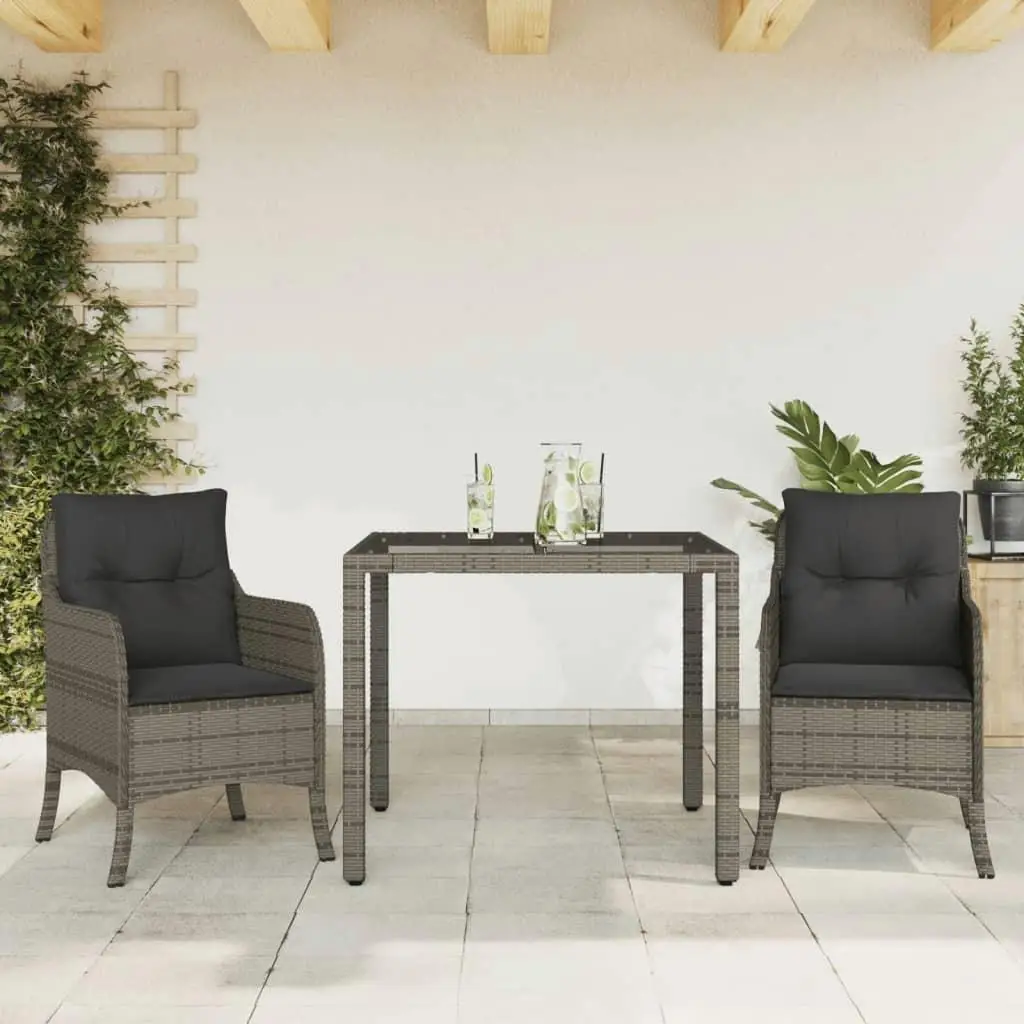 3-Piece Gray Poly Rattan Patio Dining Set with Cushions - Stylish Outdoor Furniture