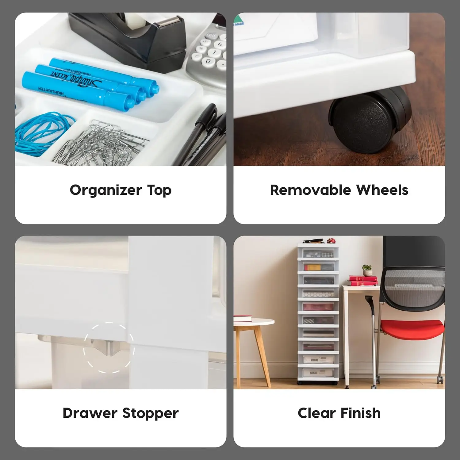 منظم أدراج بلاستيكية دوارة، عربة تخزين ذات 10 أدراج مع عجلات، أبيض/شفاف للفصول الدراسية والحمام والخزانة #4