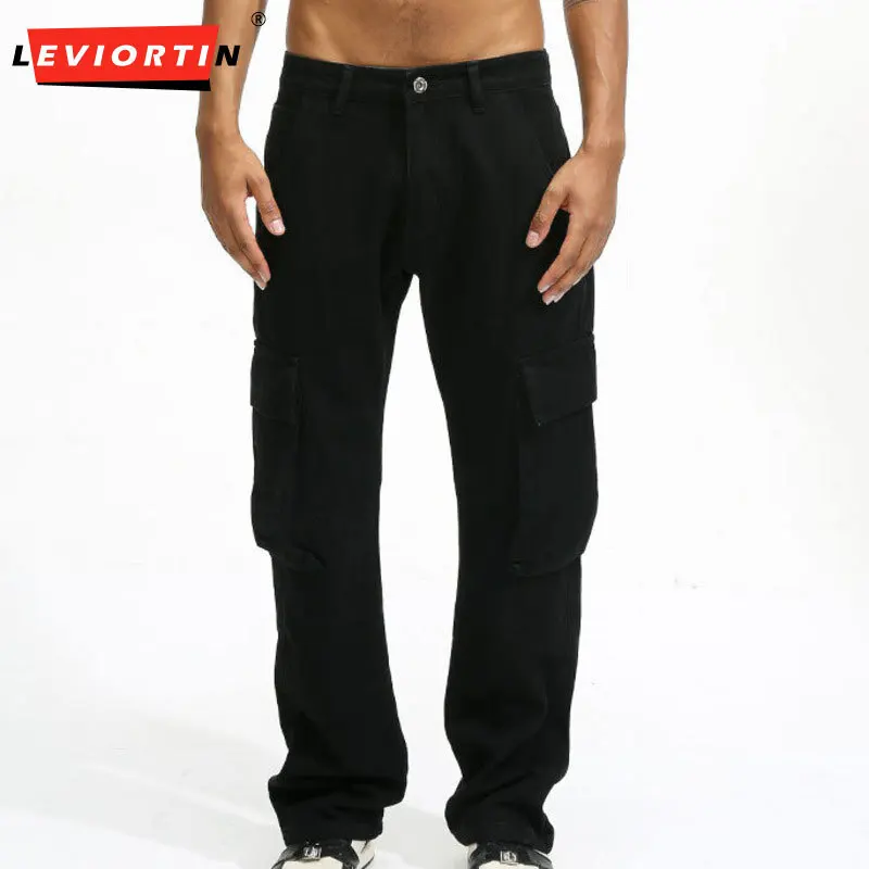 جينز رجالي موضة فور سيزونز موديل 2025 بتصميم أمريكي فيبي متعدد الجيوب بلون داكن وفضفاض بأرجل مستقيمة عصرية #1