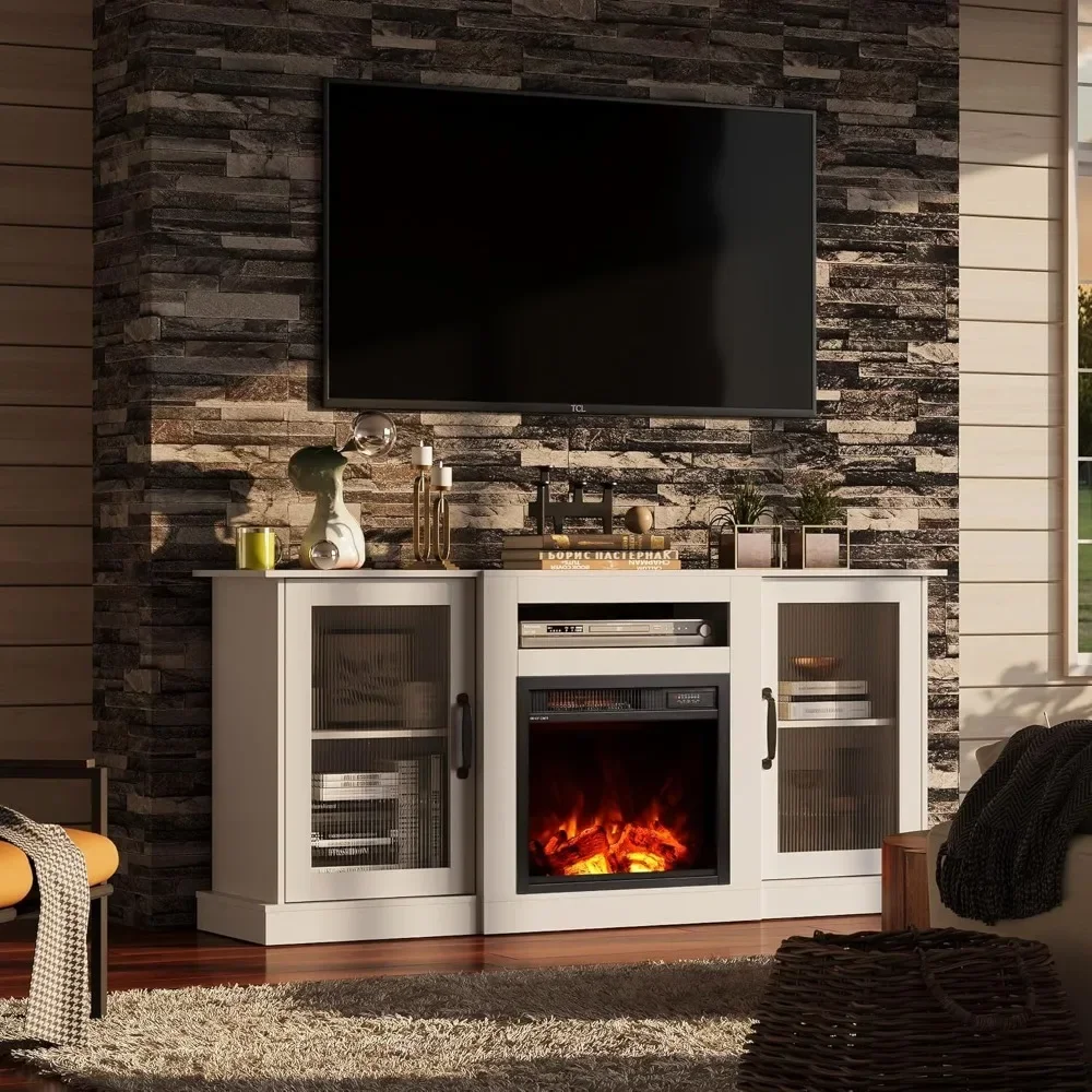

Fireplace TV Stand for 65" TV, Entertainment Center with 18 Inch Electric Fireplace, TV Console with Open Shelves for Livi