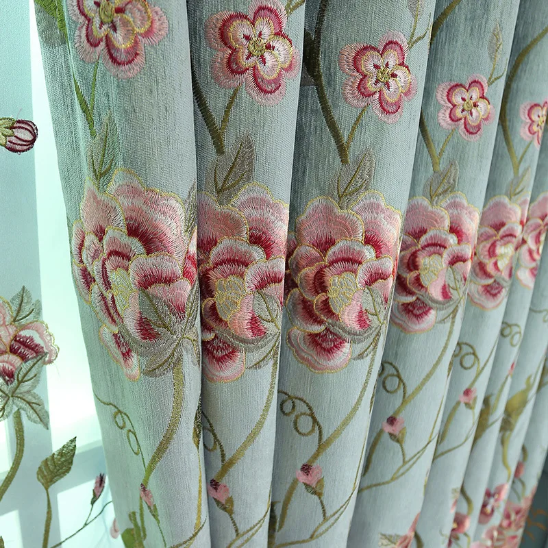 Qingcheng Peony Blue Embroidered Chenier Curtain Fabric New Chinese Style Curtains for Living Dining Room Bedroom