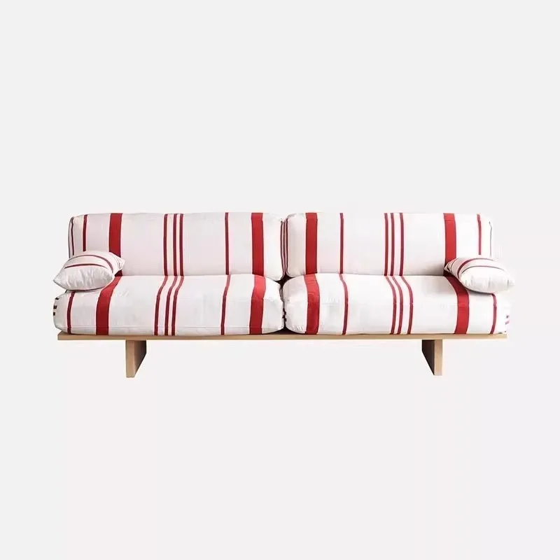 

Medieval solid wood sofa living room small apartment straight three-person retro fabric sofa