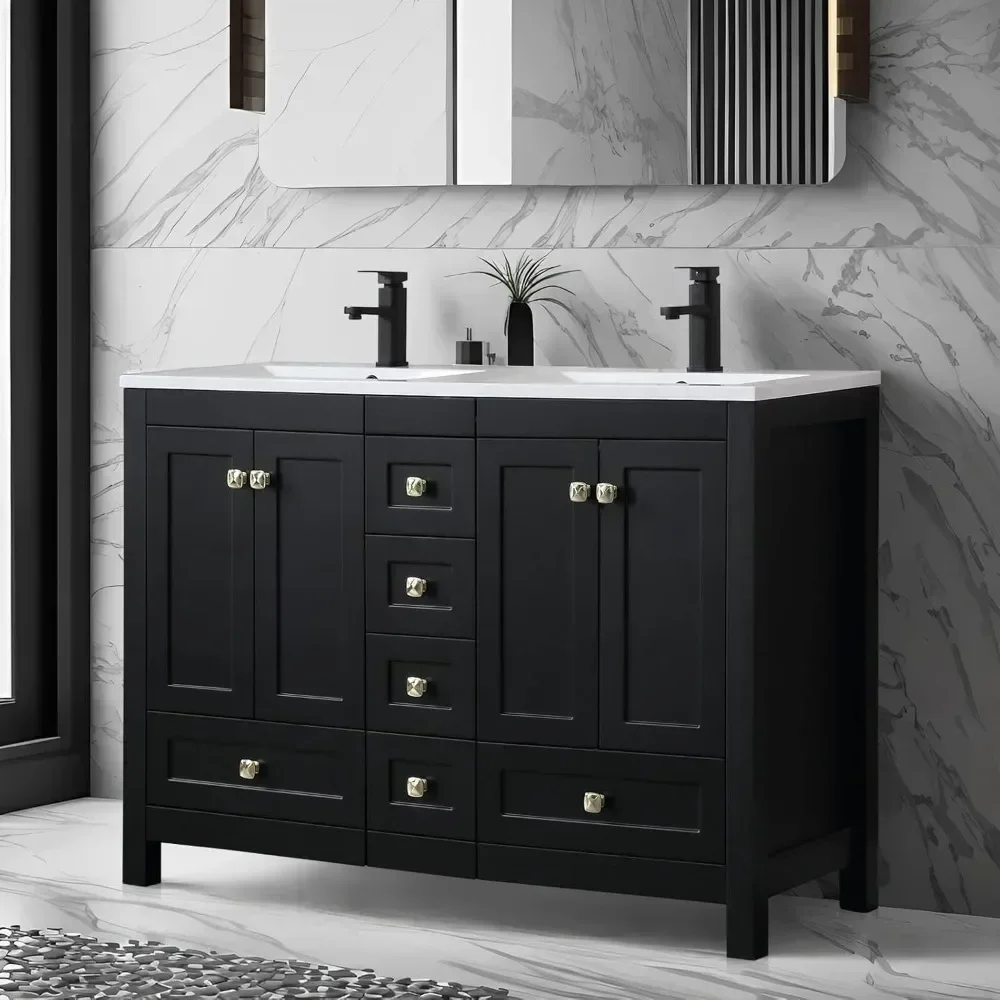 

48" Bathroom Vanities Cabinet with Sink Combo Set, Undermount Double Resin Sink w/Thickened Wood, Matte Black Faucet