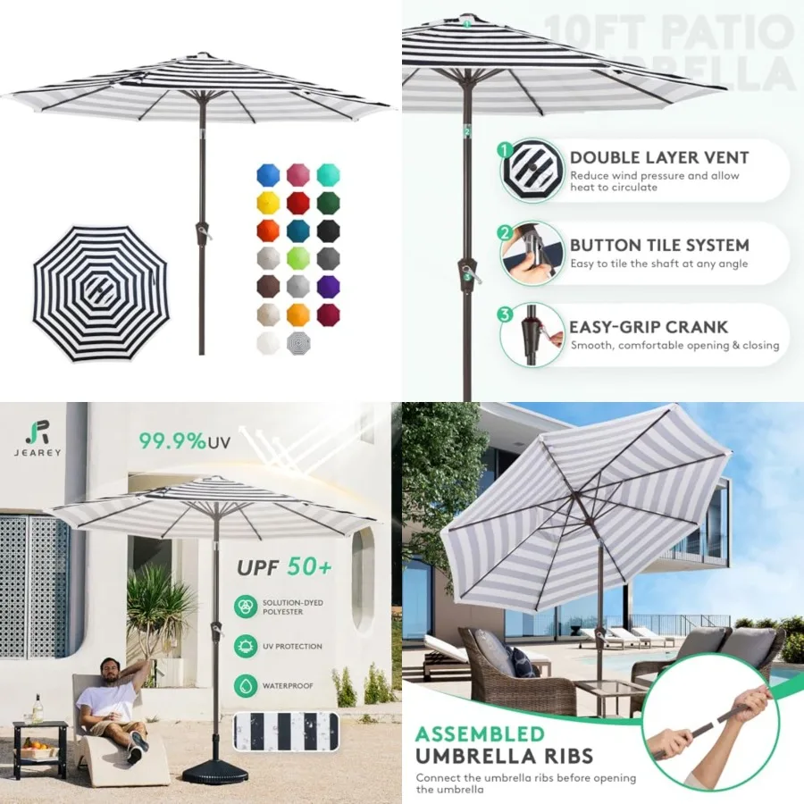 

10Feet Patio Umbrellas Outdoor Table Umbrella with Push Button Tilt and Crank, Market Umbrella 8 Sturdy Ribs UV Protection Wate