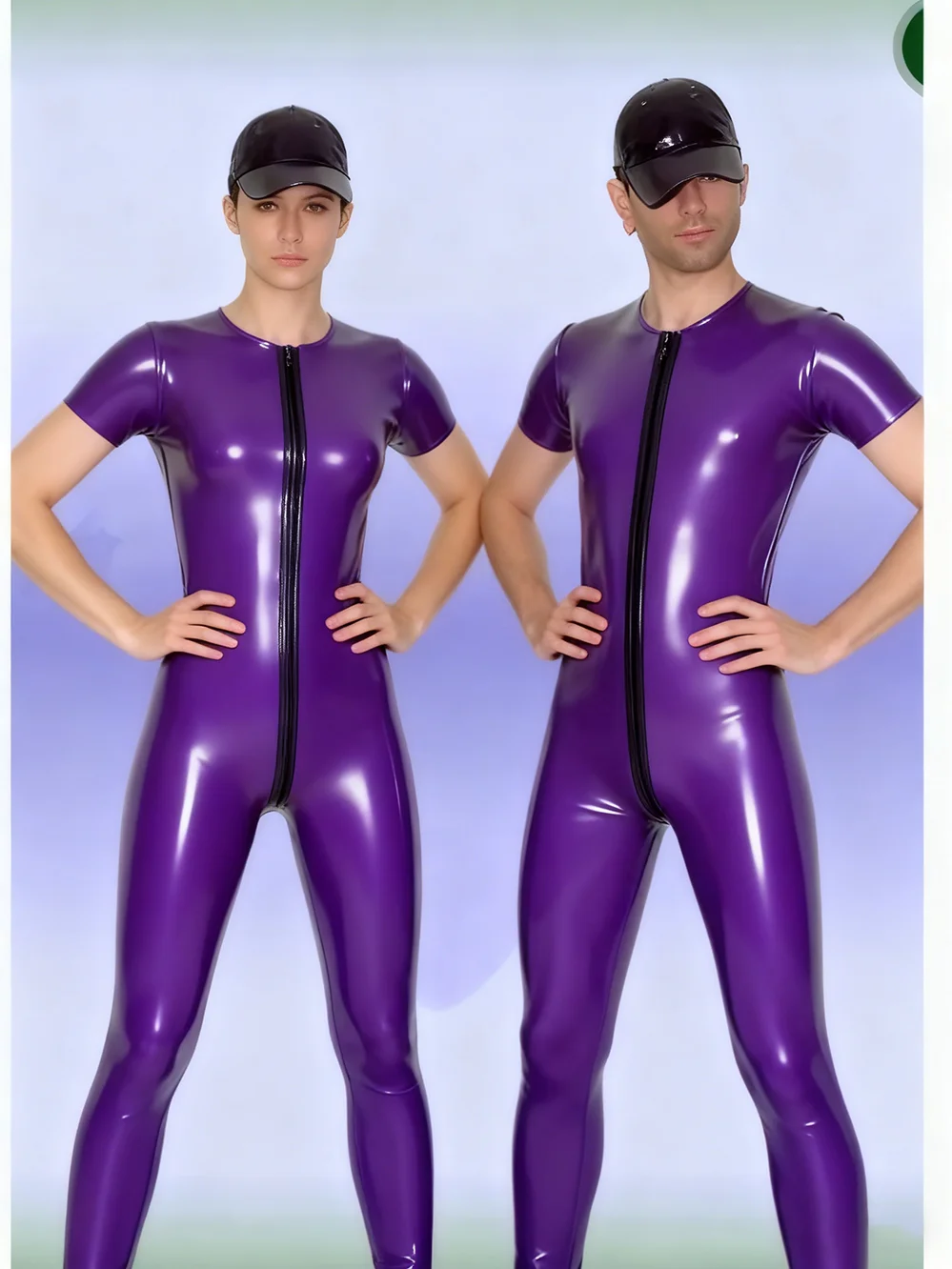 Pure Latex Rubber Costume Bodysuit Cosplay Catsuit Purple Tights Front 3-way Zipper 0.4mm S-XXL