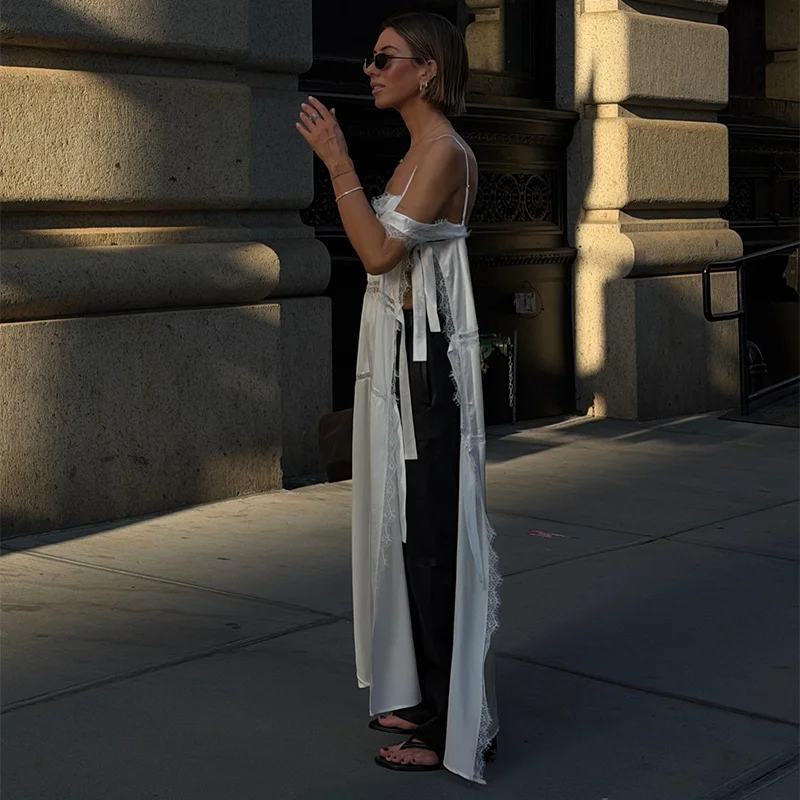Neues Damen-Maxikleid mit lockerer Spitze, Sommer-Bootsausschnitt, seitlicher Schnürung, dicken Trägern, einfarbig, Strandkleid für Damen 2026 – Detail 8
