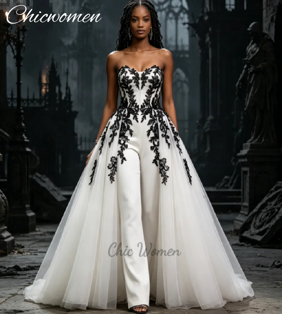 Black and White Lace Gothic Bridal Jumpsuit 2026 Elegant Overskirt Wedding Pant Suit Alternative Elopement Whimsigoth Bride Gown