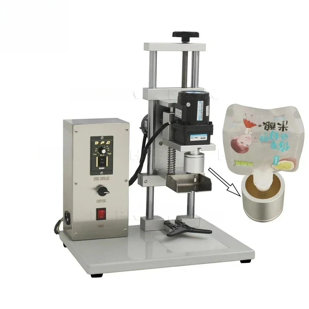 

semi automatic desktop plastic stand up pouch with spout cap press sealing tightening twist off capping machine
