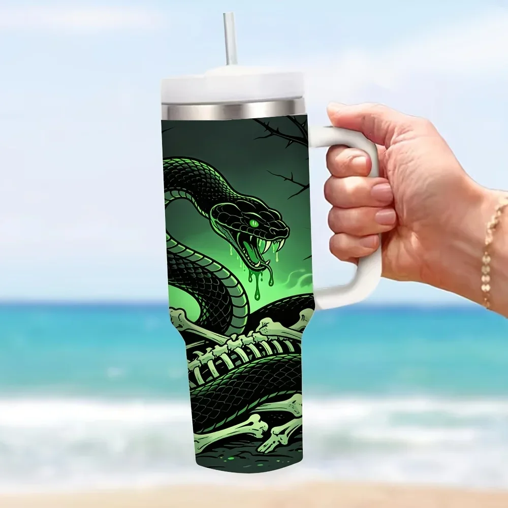 40Oz Insulated Tumbler with Handle, Spooky Green Glowing Skeleton Snake Print, Perfect for Snake Lovers, Ideal for Daily Use Outdoor Activities And Travel, Keeps Drinks Hot Or Cold