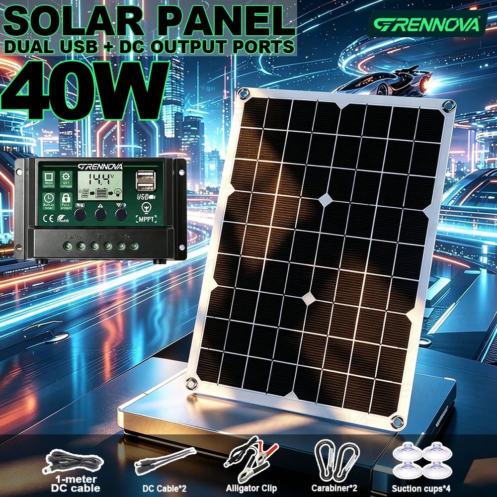 40W Solar Panel Kit with 10A/30A/60A Controller Dual USB + DC Output Stable Output Easy Operation for Picnic Camping Car Battery