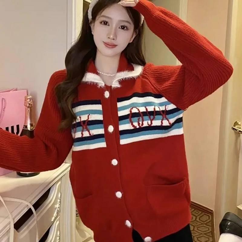 

Корейский рождественский винтажный вязаный свитер, женский милый Harajuku Y2K, красный кардиган с длинными рукавами, модный свободный топ в ленивом консервативном стиле