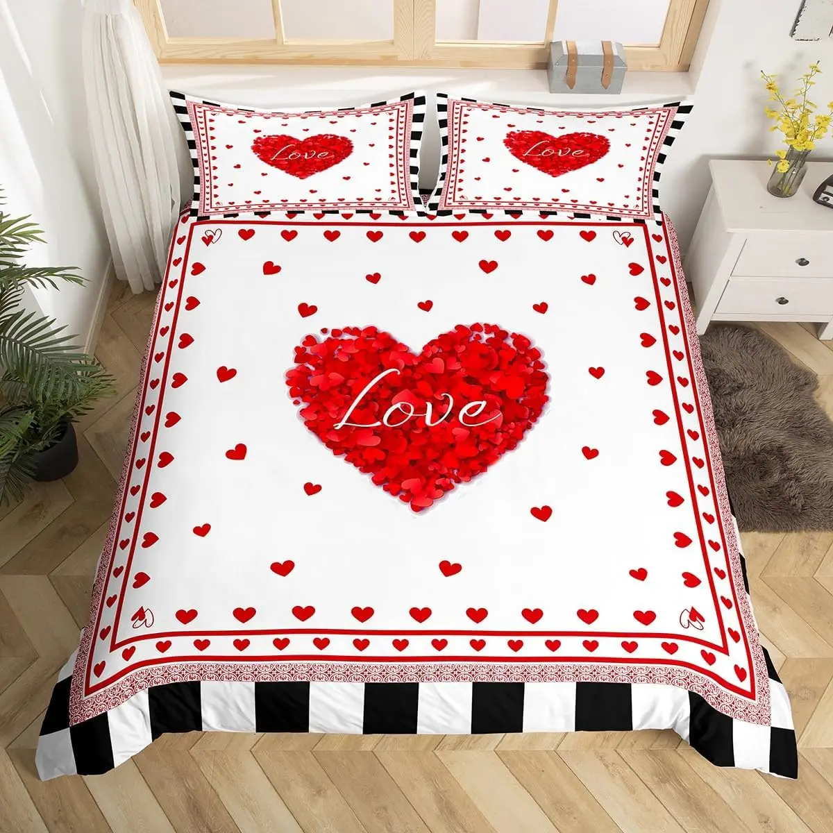 

Rose Duvet Cover Romantic Floral Love Heart Pattern Bedding Set Geometric Stripe Comforter Cover Valentine's Day Bedspread Cover