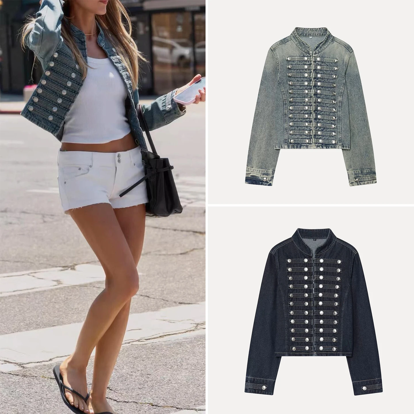 Fashionable Button-Up Stand Collar Denim Jacket Women's 2026 New Summer Clothing Personality Match All Directions Coat